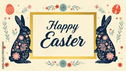 Easter greeting card with floral bunnies and eggs on cream background Happy Easter rabbits