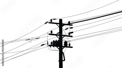 Silhouette of power pole with wires and insulators against white background electric pole utility pole
