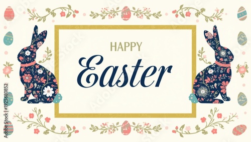 Easter greeting card with floral bunnies and eggs Happy Easter rabbits floral pattern