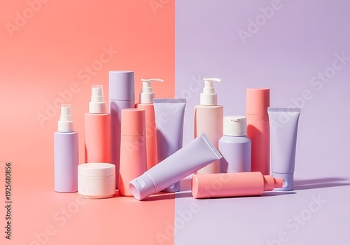 Collection of pink and purple cosmetic products on a twotone background