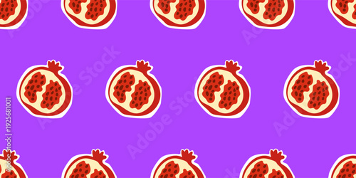 Cartoon Pomegranate Fruit Seamless Pattern Background. Vibrant Retro Wrapping Paper Print. Colorful Party Wallpaper Design. Fashionable Bold Textile Print. Funny Festive Fabric. Happy Holiday Art	
