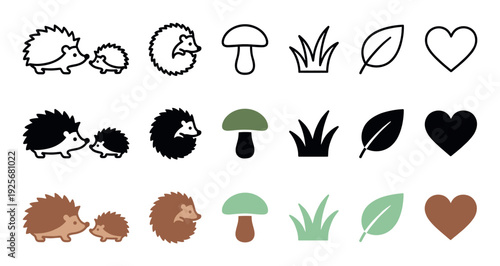 Collection of cute hedgehog and forest icons presented in three different graphic styles: line art, solid black silhouette, and simple flat color vector illustrations