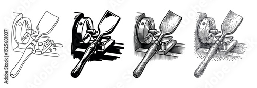 Four illustrations of a woodturning lathe and chisel in different graphic styles, including line art, silhouette, hatching, and stippling for a vintage, handcrafted aesthetic