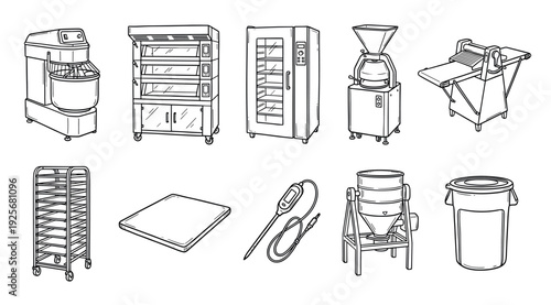 Collection of professional bakery equipment illustrations including a mixer, oven, rack, and sheeter, hand-drawn in a simple black and white line art doodle style