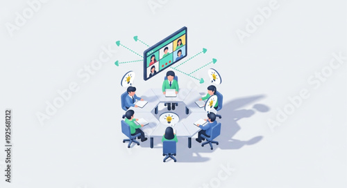 Diverse team collaborating in a modern video conference meeting room.