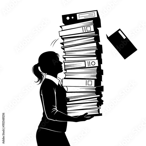 Woman Carrying Heavy File Stack.