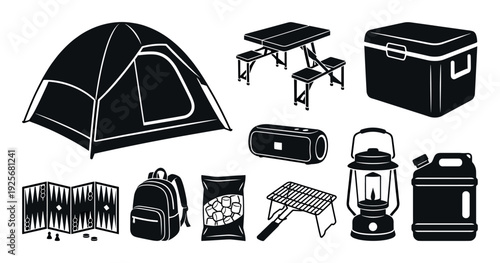Set of black camping equipment icons including a tent, cooler, picnic table, lantern, backpack, and grill, presented as a collection of vector silhouettes