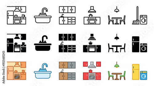Set of household and kitchen furniture icons including a sink, stove, refrigerator, and dining table, shown in outline, silhouette, and colorful illustration styles