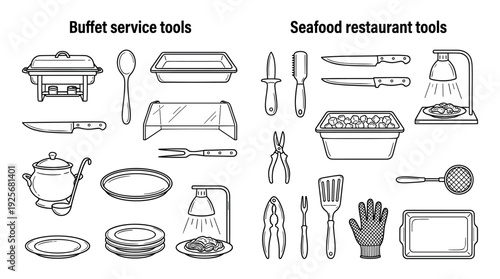 Professional kitchen equipment for buffet and seafood restaurants illustrated in a simple black and white line art icon set, featuring various utensils and serving dishes
