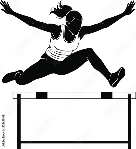 Woman in white tank jumping over hurdle athlete black and white