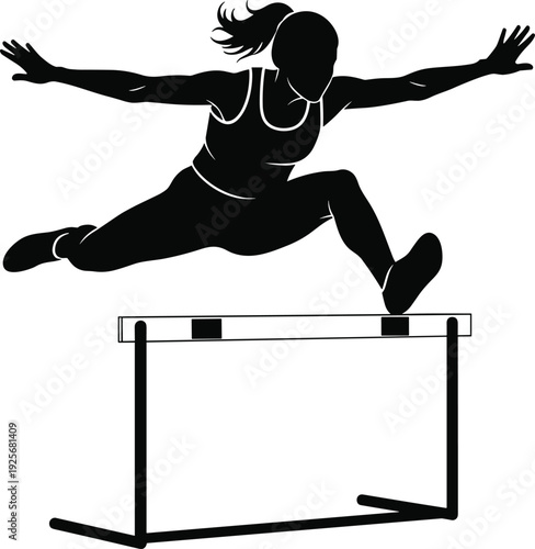 Woman in black athletic wear jumping over hurdle athlete