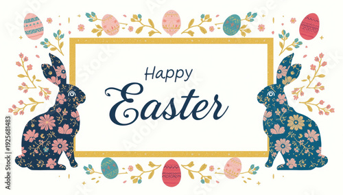 Floral Easter bunnies and eggs around Happy Easter sign