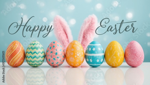 Colorful Easter eggs with bunny ears on blue background with bokeh lights pink bunny ears colorful eggs