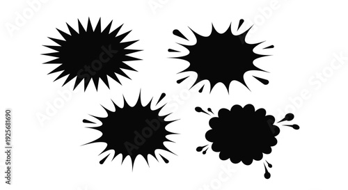 Four abstract black splatters create a dramatic visual silhouette