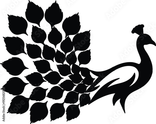Black silhouette of a peacock with spread tail feathers on transparent background