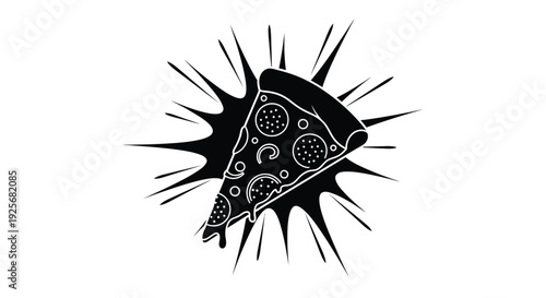 A delicious pizza slice explodes with flavor in dark silhouette