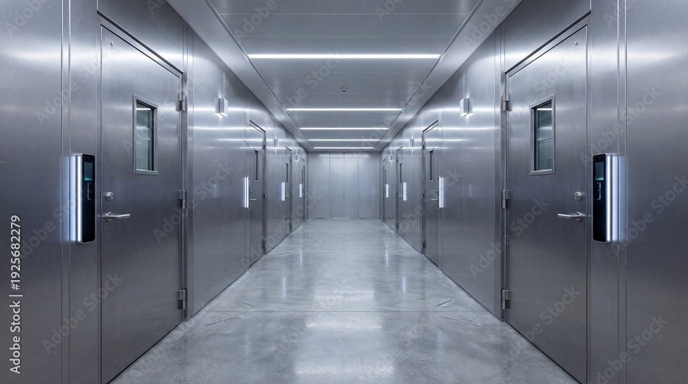 Naklejka premium Futuristic silver passageway unfolds with a rhythmic line of secure doors, each gleaming panel guarding advanced environments