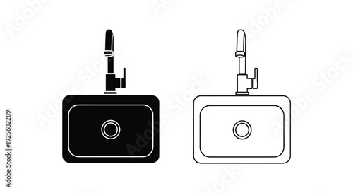 Two kitchen sink designs with faucets presented as a silhouette