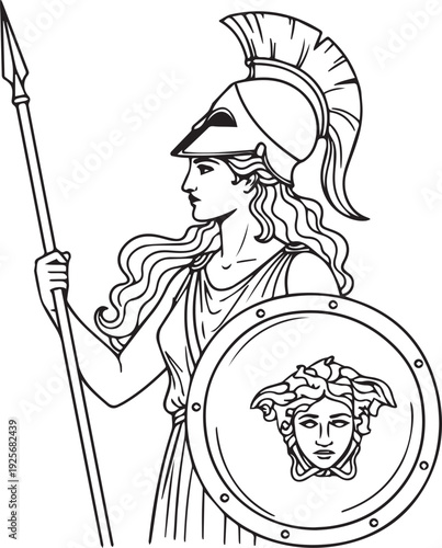 Ancient Greek Goddess Athena With Shield. Classical mythological female warrior holding a spear and Medusa shield isolated. Historic Roman antiquity line art drawing for classic mythology design