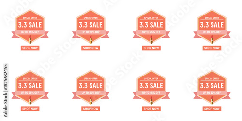 A set of eight identical red sale badges arranged in two rows on a white background