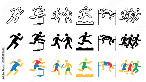 Set of track and field icons showing various athletic events like running, hurdles, relay, long jump, and high jump in outline, silhouette, and flat color styles for sports design