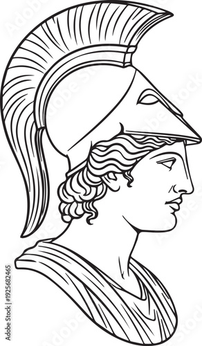 Ancient Goddess Athena Profile Drawing. Classical Greek mythological female warrior with large crested helmet isolated. Historic Roman antiquity line art for elegant museum and classic design