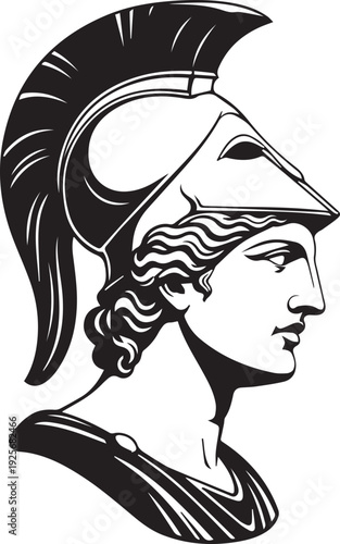Classical Goddess Athena Bust Profile. Ancient Greek mythological female deity with crested helmet isolated. Historic Roman Minerva antiquity line art drawing for classic mythology art design