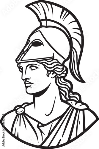 Ancient Greek Goddess Athena Profile. Classical mythological female warrior bust with crested helmet isolated. Historic Roman antiquity line art drawing for elegant architectural and classic art