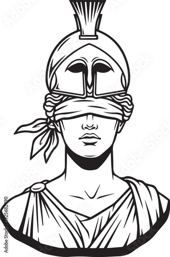 Blindfolded Greek Goddess Athena Bust. Ancient classical mythological female portrait with crested helmet isolated. Historic Roman antiquity line art drawing for dramatic classic mythology art