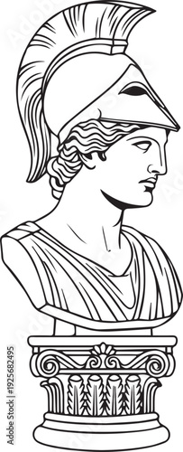 Greek Goddess Athena Statue on Pedestal. Ancient classical mythological female warrior bust with crested helmet isolated. Historic Roman antiquity line art drawing for classic architecture design