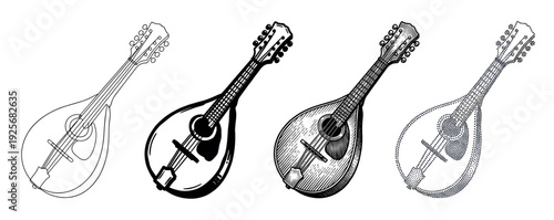 Set of four mandolin illustrations presented in various artistic techniques like simple line art, bold graphic, vintage engraving, and modern pointillism