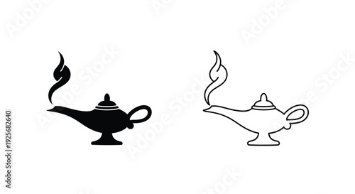 Two magic lamp icons one filled one outline black and white silhouette