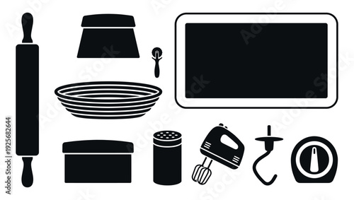 Black silhouette icons of kitchen utensils for baking bread and pastry, featuring a mixer, rolling pin, dough scraper, and banneton basket in a minimalist graphic style