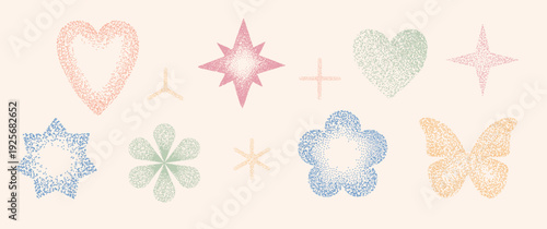 Pastel stipple texture vector set with grainy heart, star, flower and butterfly shapes on beige background. Soft dotwork Y2K icons with noise gradient effect for stickers, prints and boho design.