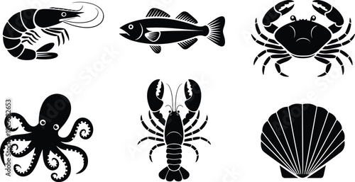 Sea life silhouette collection with shrimp fish crab octopus lobster and seashell icons for marine biology underwater nature wildlife and aquatic design