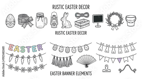 Large collection of hand-drawn Easter decorations and banner elements in a rustic doodle style, including eggs, bunnies, wreaths, garlands, and other festive holiday items