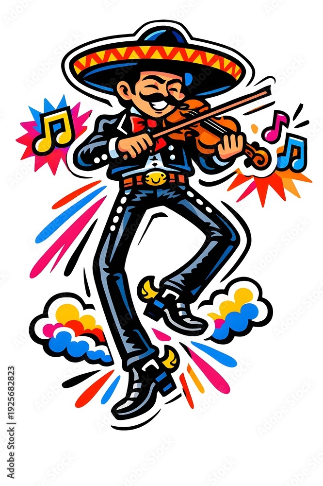 Fototapeta premium Floating Mariachi Pop Art Sticker: Short Torso, Long Legs & Violin