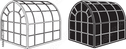 Black and white line of two greenhouses glass houses line black and white architecture structures