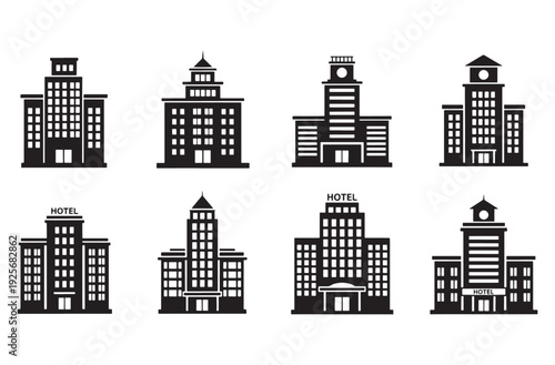 Collection of eight black hotel building icons vector illustration representing different architectural styles for accommodation and lodging services