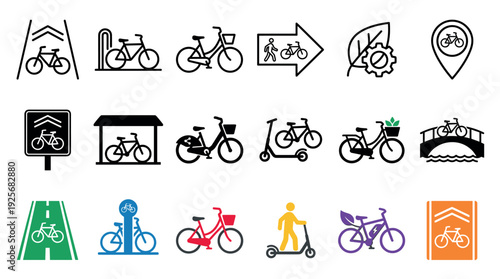 Collection of bicycle and urban mobility icons representing eco-friendly transport, bike lanes, parking, and sharing services in a simple, flat vector illustration style