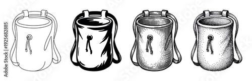 Rock climbing chalk bag illustration set in four different graphic styles including line art, silhouette, engraving, and stippling for bouldering equipment