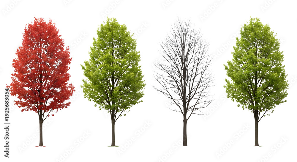 Fototapeta premium Four trees in different seasons on a transparent background, viewed from the side.