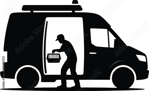 Silhouette of rescuer lifting small animal carrier from rescue vehicle