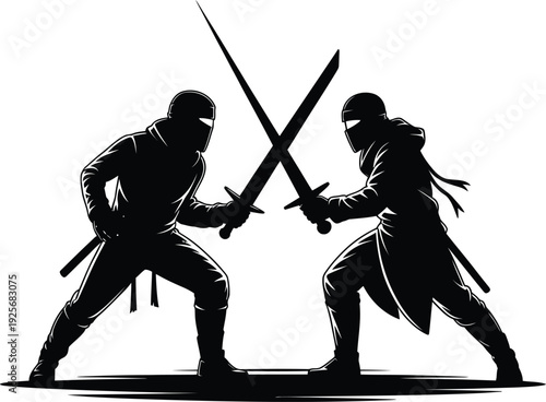 Silhouetted duelists locked in a clash of swords amidst ancient armor and determination