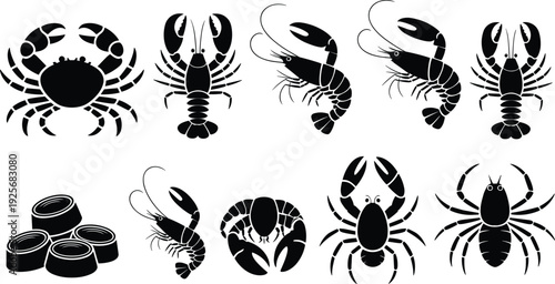 Wildlife silhouette collection with owl crab snail caterpillar and diverse marine life including shark whale and octopus for nature and aquatic design
