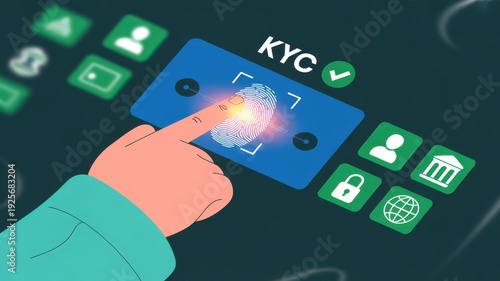 Cartoon hand performing KYC verification with fingerprint scanner