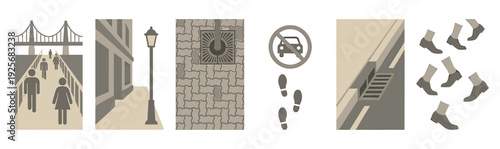 Set of urban city life vector icons depicting pedestrian activity, infrastructure, and street elements like a bridge, lamppost, pavement, and traffic sign
