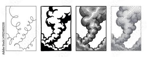 Four black and white cloud illustrations demonstrating different artistic styles including line art, bold silhouette, vintage engraving, and detailed stippling in a comparative set