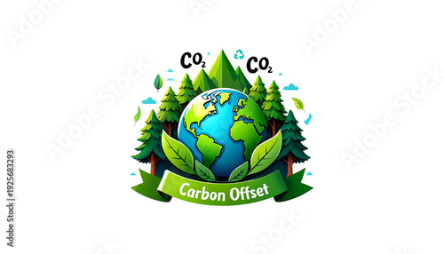 Sustainable Planet Earth Emblem with Trees and CO2 Text for Carbon Offset and Environmental Protection