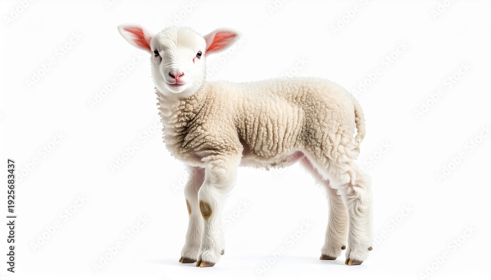 Obraz premium Adorable Lamb Standing with Cream Fleece on a Bright White Background